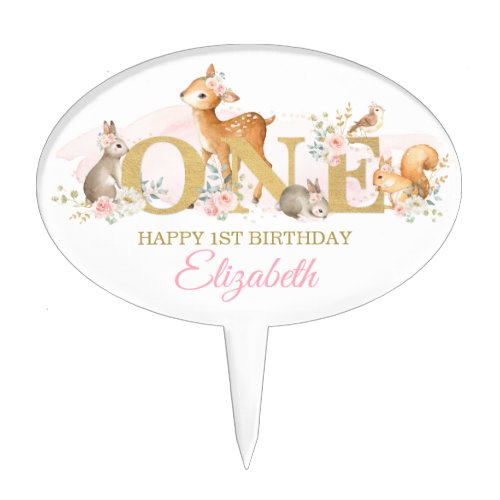 Blush Floral Woodland Animals 1st Birthday Girl Cake Topper