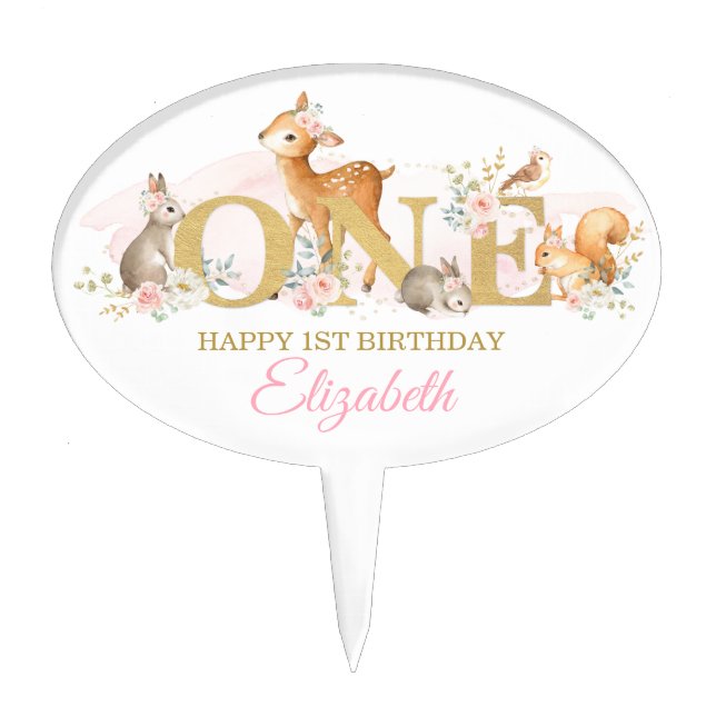 Blush Floral Woodland Animals 1st Birthday Girl Cake Topper (Front)