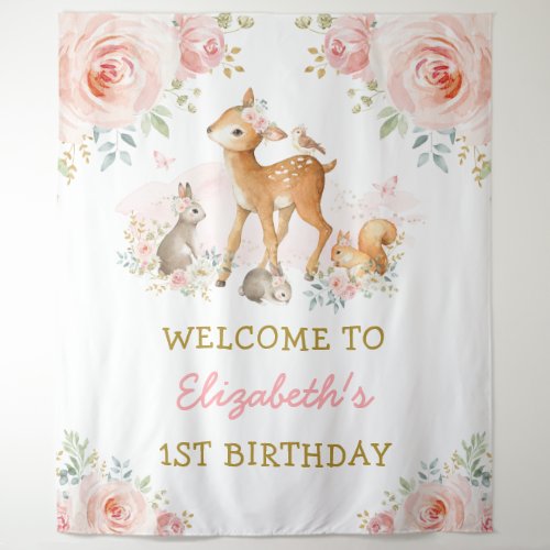 Blush Floral Woodland Animals 1st Birthday Welcome Tapestry