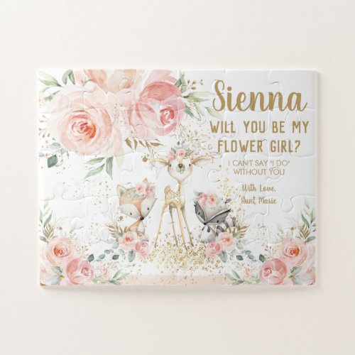 Blush Floral Woodland Animals Be My Flower Girl Jigsaw Puzzle