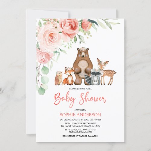 Blush Floral Woodland Animals Girl Baby Shower Invitation