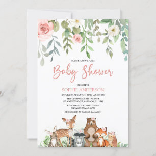 Blush Floral Woodland Animals Girl Baby Shower Invitation