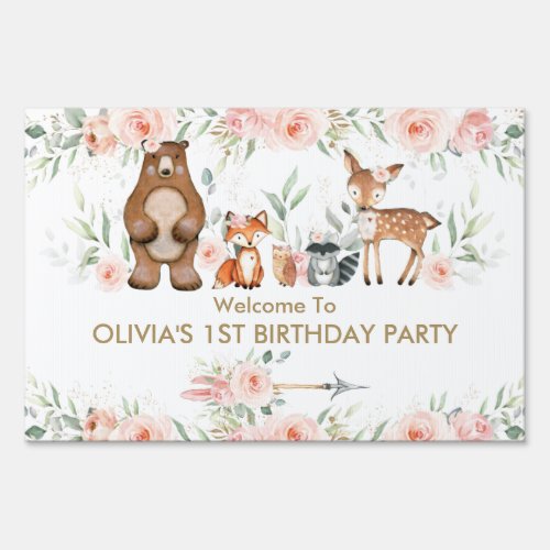 Blush Floral Woodland Animals Party Welcome Yard  Sign