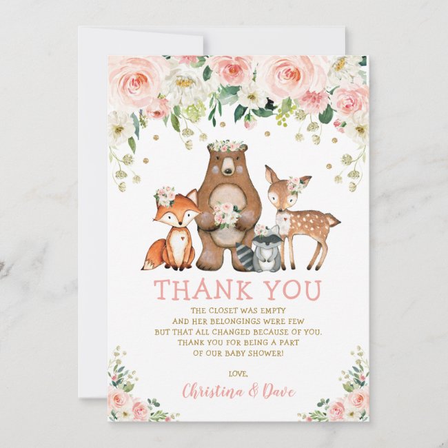 Blush Floral Woodland Forest Animals Baby Shower Thank You Card
