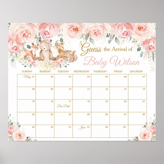 Blush Floral Woodland Guess Baby's Arrival Game Poster (Front)