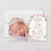 Blush Floral Woodland New Baby Girl Photo Birth Announcement