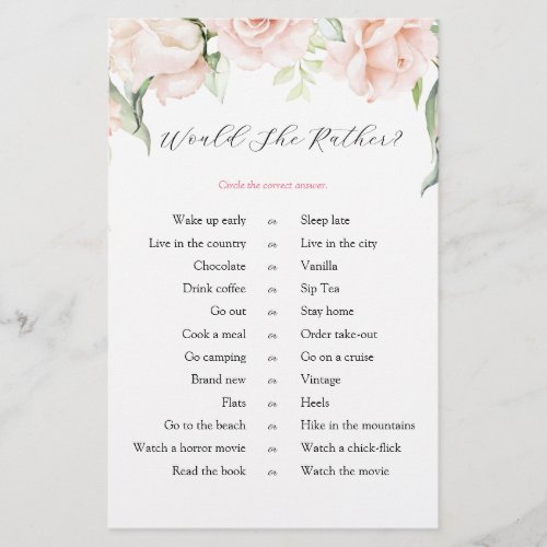 Blush Floral Would She Rather Bridal Shower Game