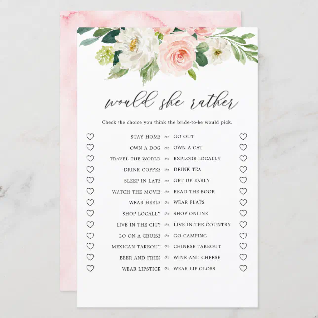 Blush Floral Would She Rather Bridal Shower Game | Zazzle