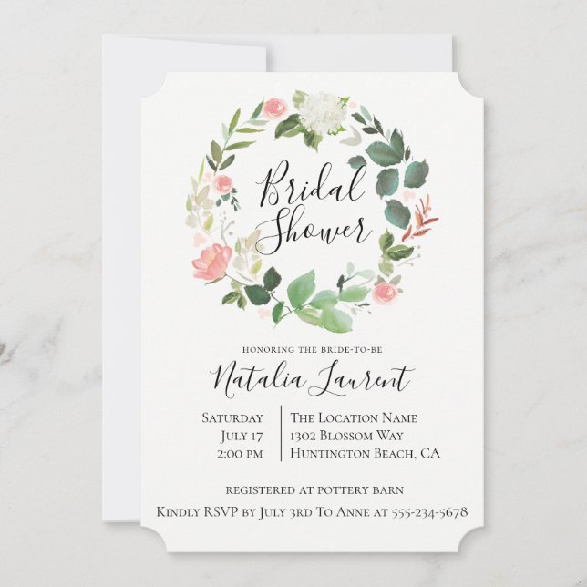 Blush Floral Wreath Bridal Shower Invitation (Front)