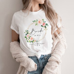 Blush Floral Wreath Bride T-Shirt<br><div class="desc">Looking for the perfect bridal party t-shirt collection? Look no further than our beautiful blush floral wreath collection. Featuring chic calligraphy font writing that reads "Bride" with the bridesmaids' names personalized on each shirt. Our collection is perfect for your bridesmaids' hen party, with space for the date and any other...</div>