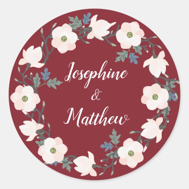 Blush Floral Wreath Burgundy Personalized Wedding Classic Round Sticker (Front)