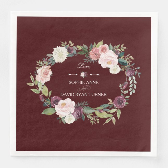 Blush Floral Wreath Burgundy  Wedding Paper Dinner Napkins (Front)