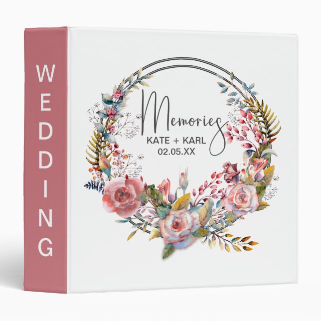 Blush Floral Wreath Custom Wedding Photo Album  3 Ring Binder (Front/Spine)