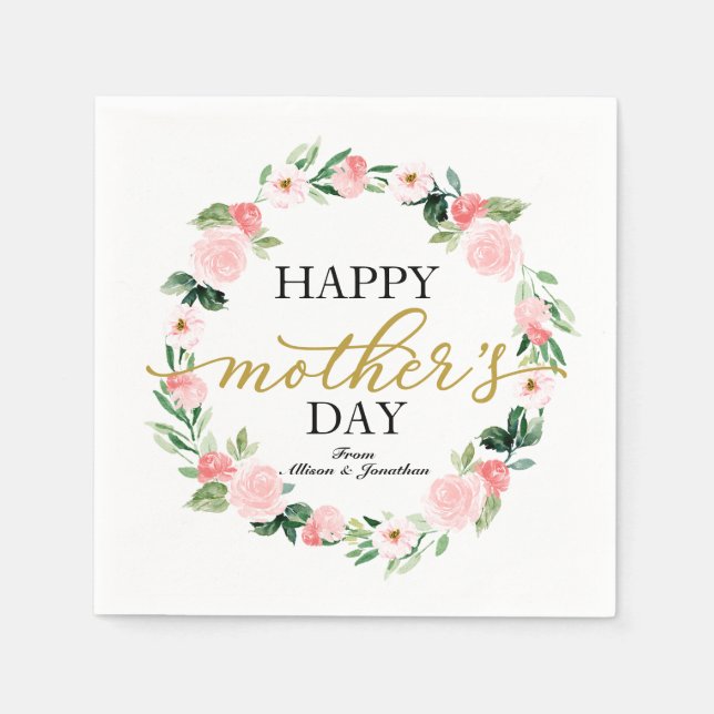 Blush Floral Wreath Happy Mothers Day Napkins (Front)