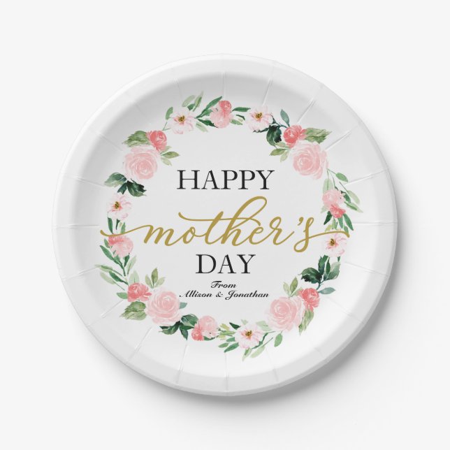 Blush Floral Wreath Happy Mothers Day Paper Plates (Front)