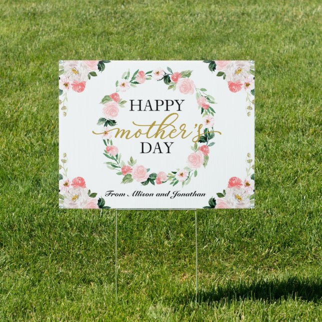 Blush Floral Wreath Happy Mothers Day Sign (Insitu)