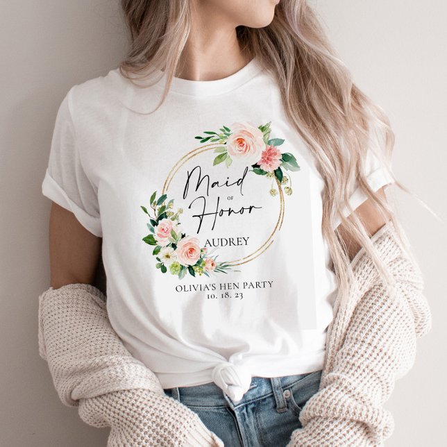 Blush Floral Wreath Maid Of Honor Personalized T-Shirt (Creator Uploaded)