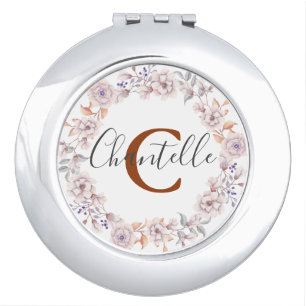 Blush floral wreath monogram compact mirror