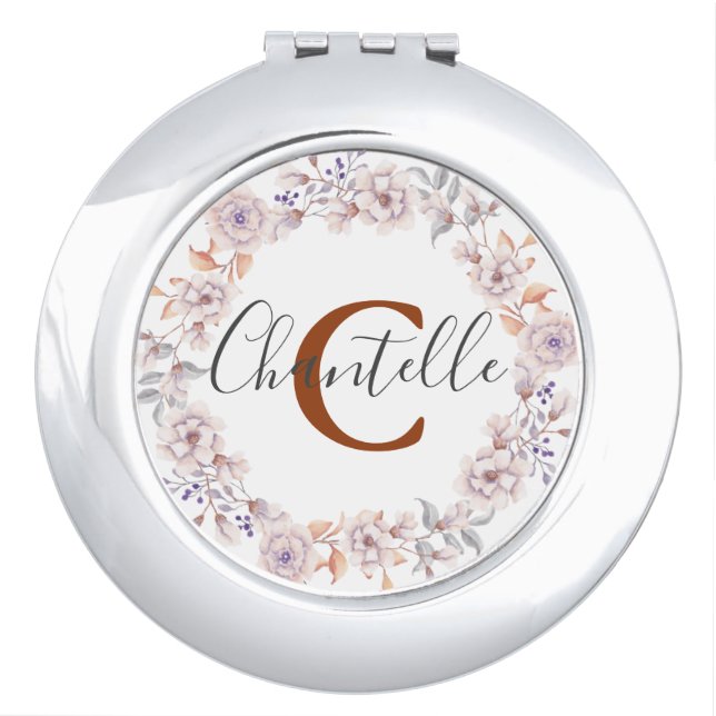Blush floral wreath monogram compact mirror (Front)