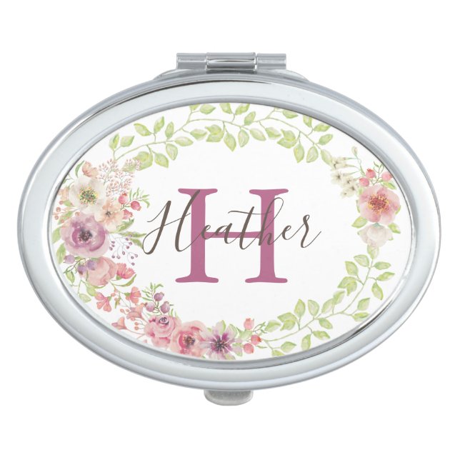 Blush floral wreath monogram design compact mirror (Front)
