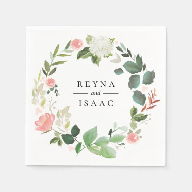 Blush Floral Wreath Personalized Paper Napkins (Front)