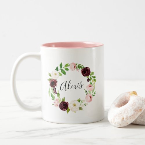 Blush Floral Wreath Personalized Two_Tone Coffee Mug