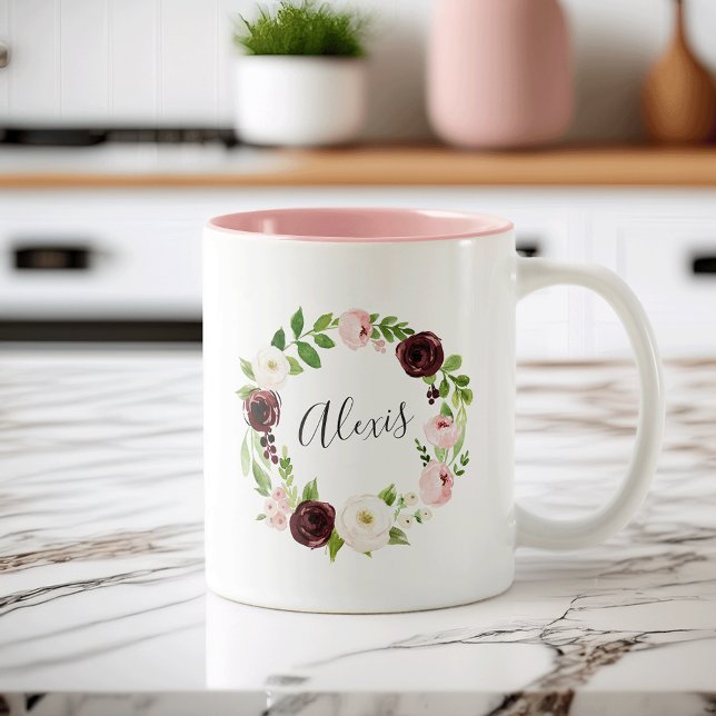 Blush Floral Wreath Personalized Two-Tone Coffee Mug (Creator Uploaded)