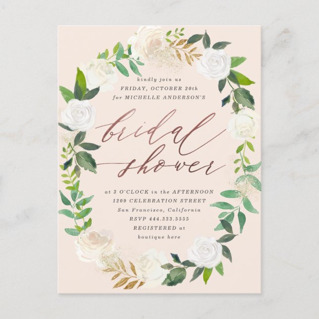 Blush & Floral Wreath Rose Gold Bridal Shower Invitation Postcard (Front)