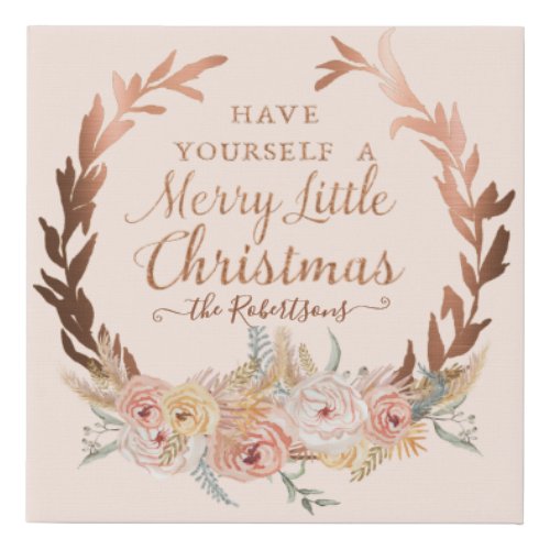 Blush Floral Wreath Rose Gold Glitter Christmas Faux Canvas Print