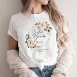 Blush Floral Wreath Sister Of The Groom T-Shirt<br><div class="desc">Looking for the perfect bridal party t-shirt collection? Look no further than our beautiful blush floral wreath collection. Featuring chic calligraphy font writing that reads "Sister Of The Groom" with the bridesmaids' names personalized on each shirt. Our collection is perfect for your bridesmaids' hen party, with space for the date...</div>