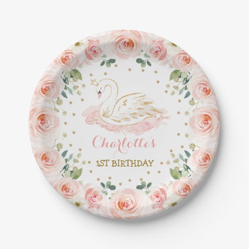 Blush Floral Wreath Swan Princess Birthday Party Paper Plates