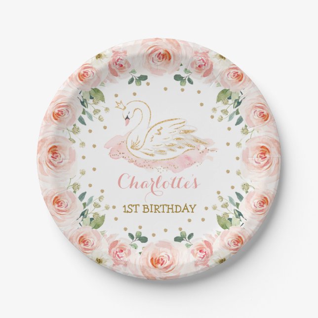 Blush Floral Wreath Swan Princess Birthday Party Paper Plates (Front)
