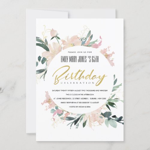 BLUSH FLORAL WREATH WATERCOLOR ANY AGE BIRTHDAY INVITATION