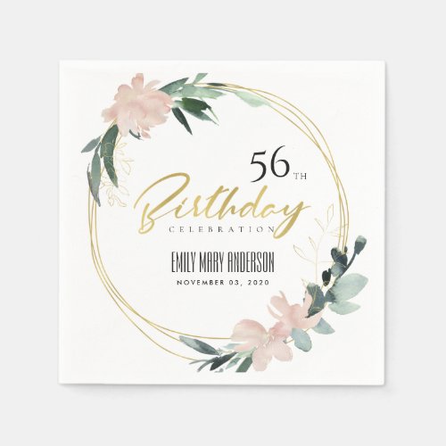 BLUSH FLORAL WREATH WATERCOLOR ANY AGE BIRTHDAY NAPKINS