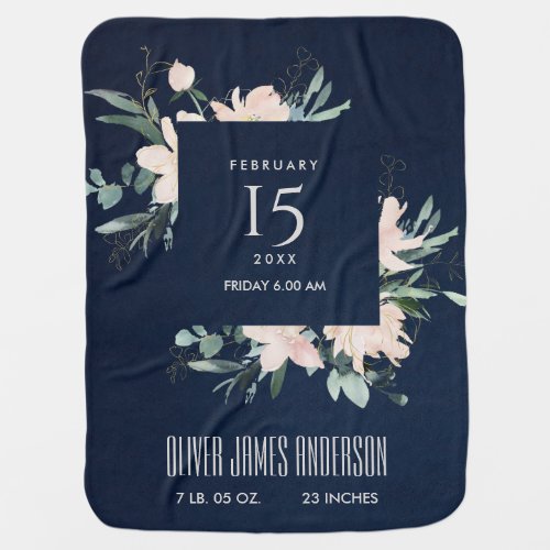 BLUSH FLORAL WREATH WATERCOLOR BABY BIRTH STATS BABY BLANKET