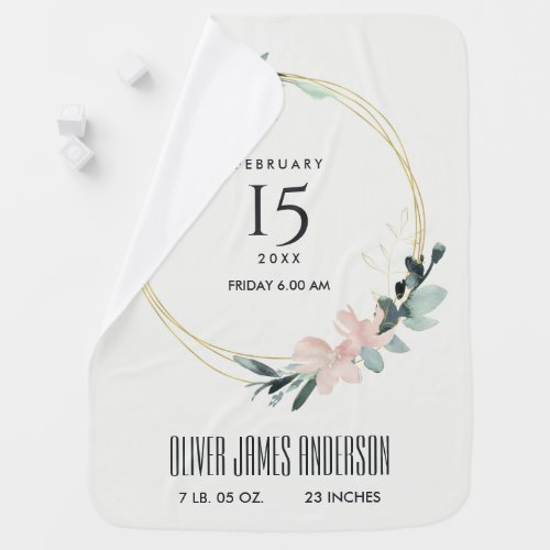 BLUSH FLORAL WREATH WATERCOLOR BABY BIRTH STATS BABY BLANKET