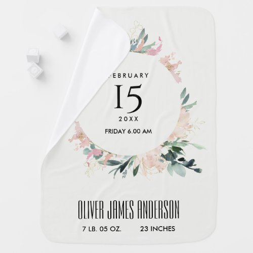 BLUSH FLORAL WREATH WATERCOLOR BABY BIRTH STATS BABY BLANKET