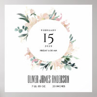 BLUSH FLORAL WREATH WATERCOLOR BABY BIRTH STATS POSTER