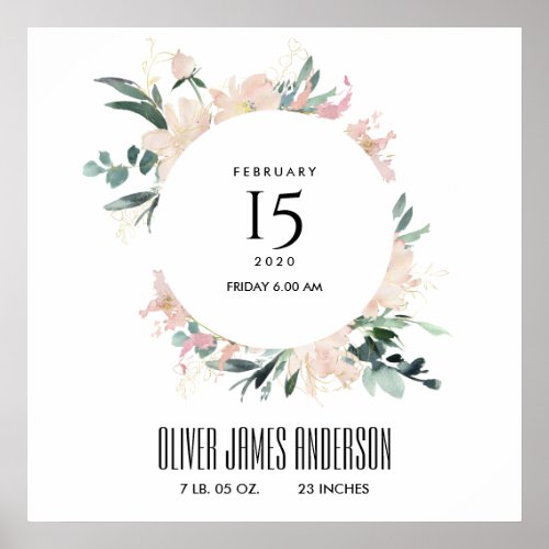 BLUSH FLORAL WREATH WATERCOLOR BABY BIRTH STATS POSTER