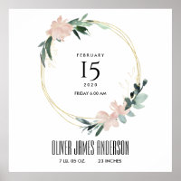 BLUSH FLORAL WREATH WATERCOLOR BABY BIRTH STATS POSTER