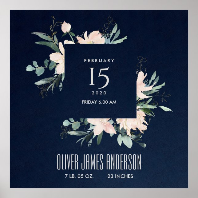 BLUSH FLORAL WREATH WATERCOLOR BABY BIRTH STATS POSTER (Front)
