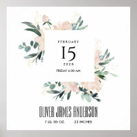 BLUSH FLORAL WREATH WATERCOLOR BABY BIRTH STATS POSTER