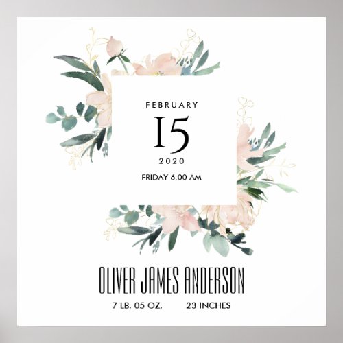 BLUSH FLORAL WREATH WATERCOLOR BABY BIRTH STATS POSTER