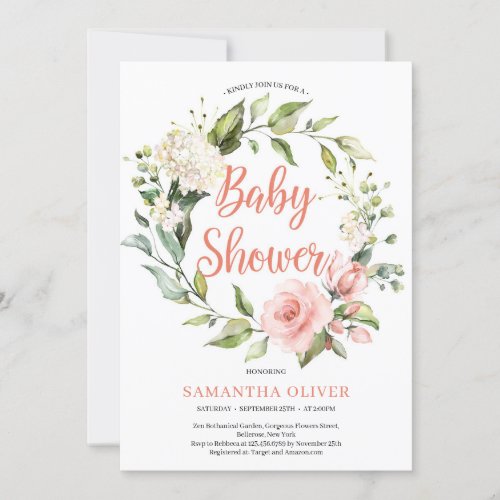 Blush floral wreath white hydrangeas Baby Shower Invitation