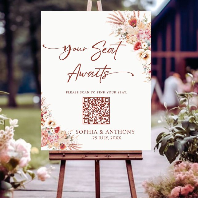 Blush Floral Your Seat Awaits QR Code Wedding Sign (Creator Uploaded)