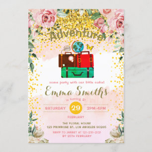 Blush Florals Adventure Begins Birthday Luggage Invitation