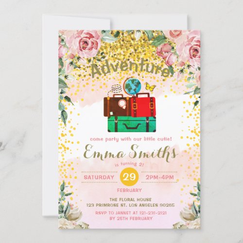 Blush Florals Adventure Begins Birthday Luggage Invitation