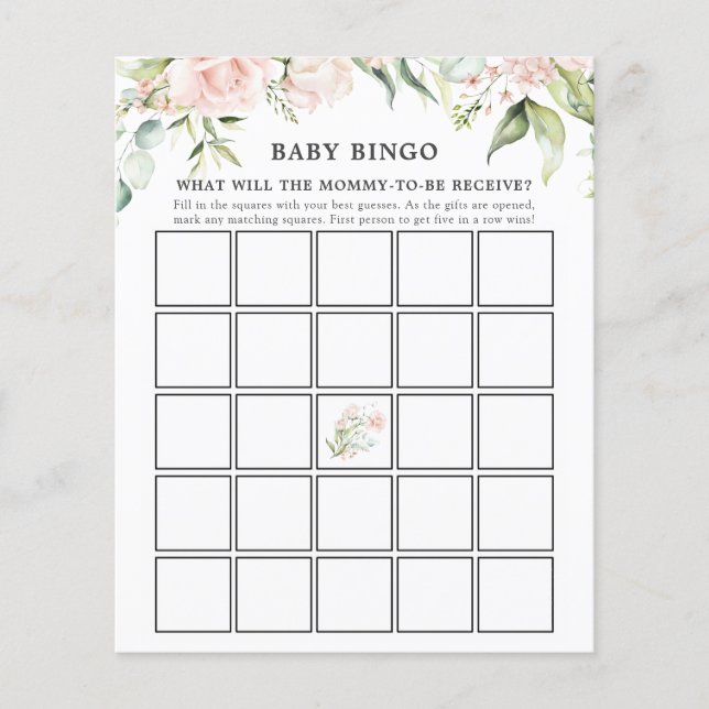 Blush Florals and Greenery Baby Bingo Game Card (Front)