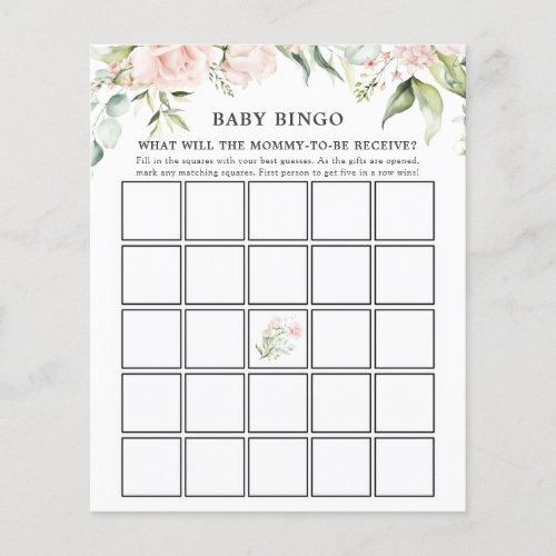 Blush Florals and Greenery Baby Bingo Game Card