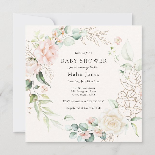 Blush Florals and Greenery Baby Shower Invitation (Front)